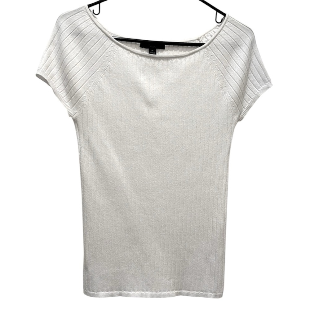 Ann Taylor Women’s Petite Medium White Ribbed Short Sleeve T-Shirt Sweater